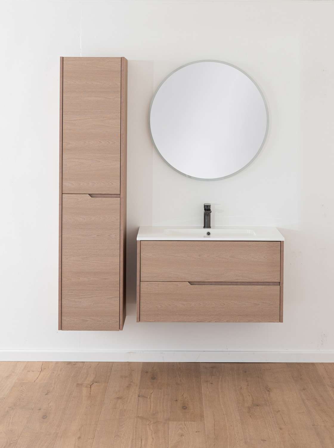 Meuble de salle de bains Tiago chêne Nordic suspendu avec vasque simple blanc mat 90cm