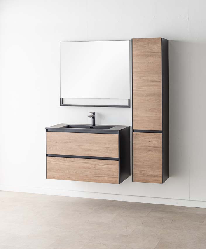 Meuble de salle de bain Molly aspect bois suspendu avec lavabo simple noir mat 90cm Meuble de salle de bain Molly aspect bois suspendu avec lavabo simple noir mat 90cm