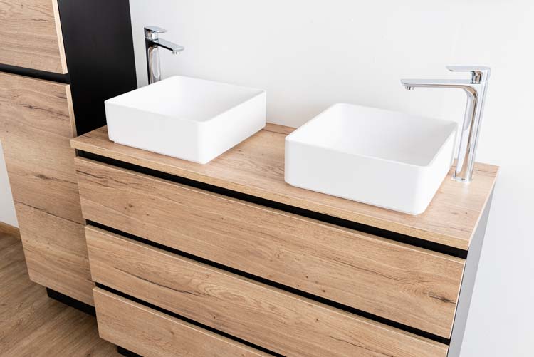 Badkamermeubel Dotan zwart/eik 1200 mm staand opbouwtablet melamine Badkamermeubel Dotan zwart/eik 1200 mm staand opbouwtablet melamine