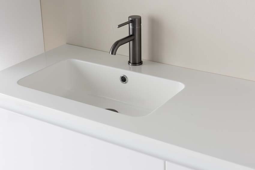 Meuble de salle de bains Tibo blanc suspendu avec lavabo simple à gauche blanc brillant 140cm