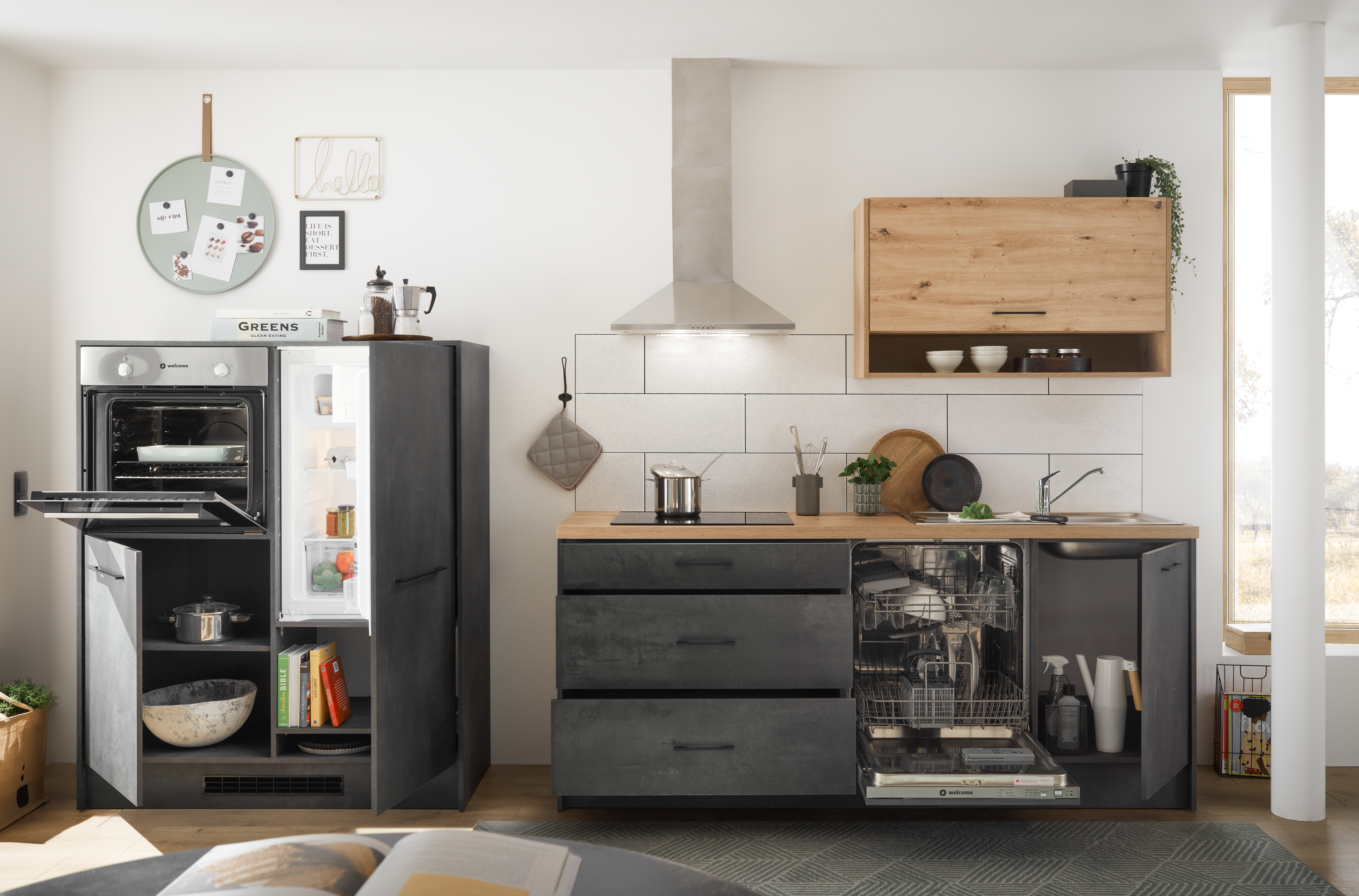 Keuken Montreal betonlook 326cm - vitrokeramische kookplaat en inox wanddampkap - zonder toestellen