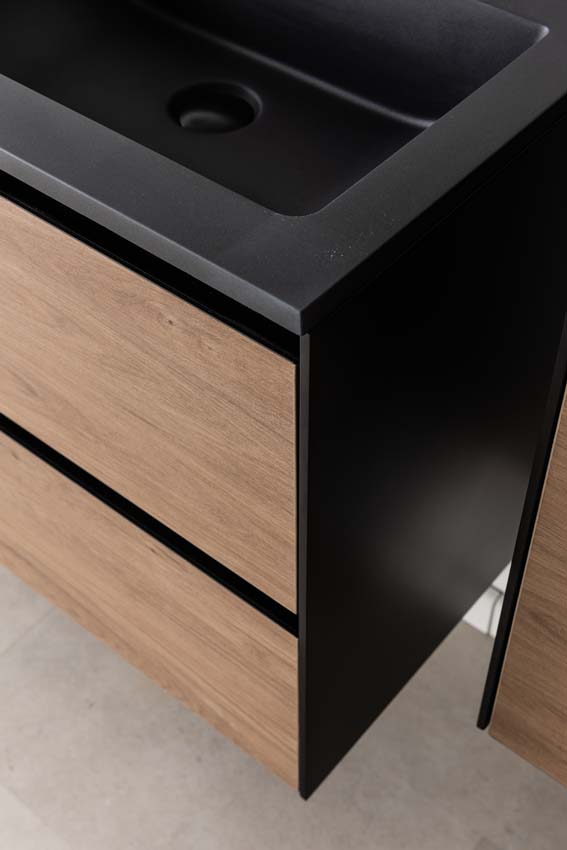 Meuble de salle de bains Molly chêne suspendu avec lavabo double noir mat 120cm