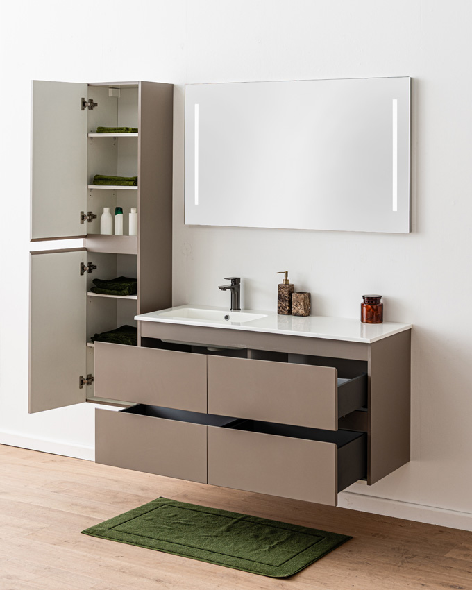 Badkamermeubel Trente taupe met enkele wastafel glanzend wit 120cm
