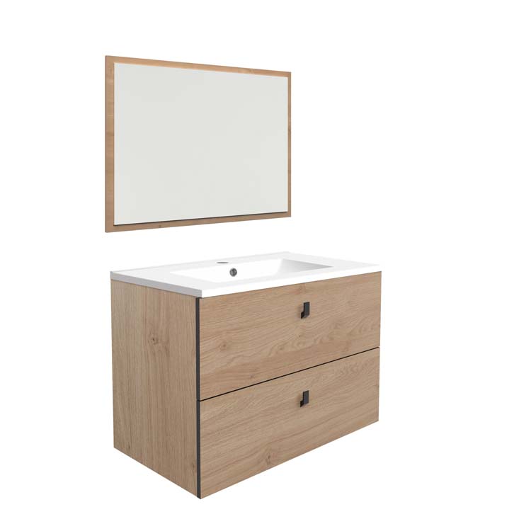 Badkamermeubel Andras eik hangend met enkele wastafel glanzend wit 80cm