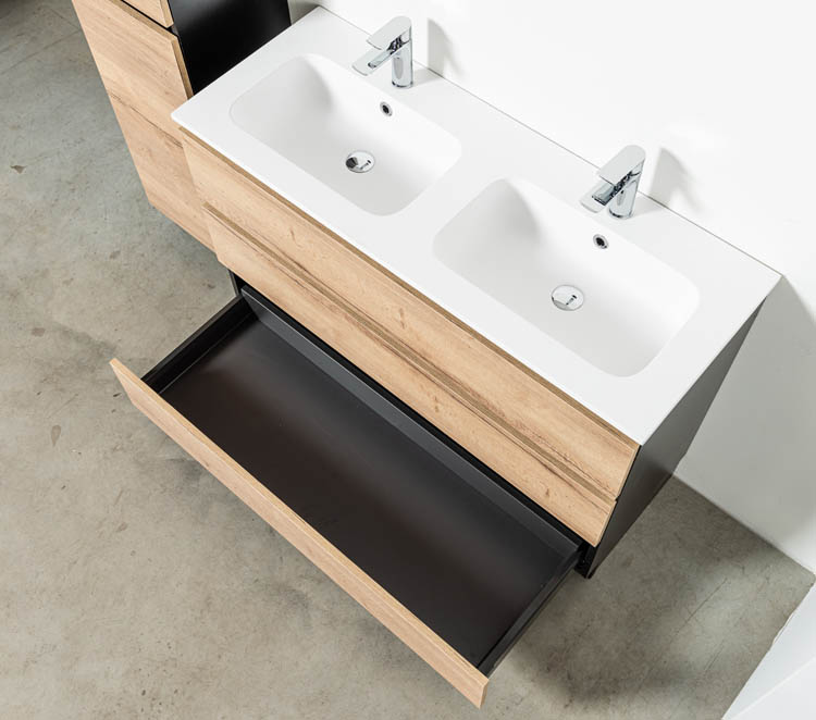 Badkamermeubel Dotan zwart/eik 1200 mm staand 2 wastafels glans