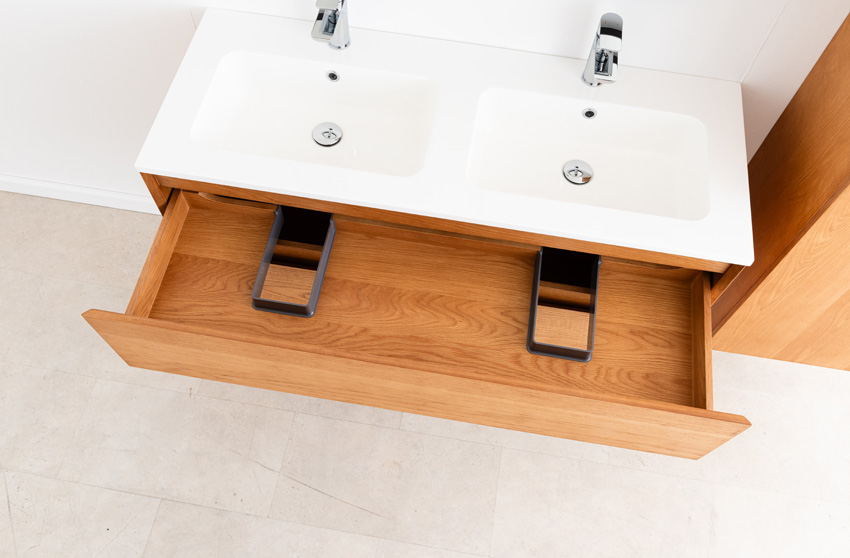 Badkamermeubel Fior eik hangend met dubbele wastafel glanzend wit 120cm