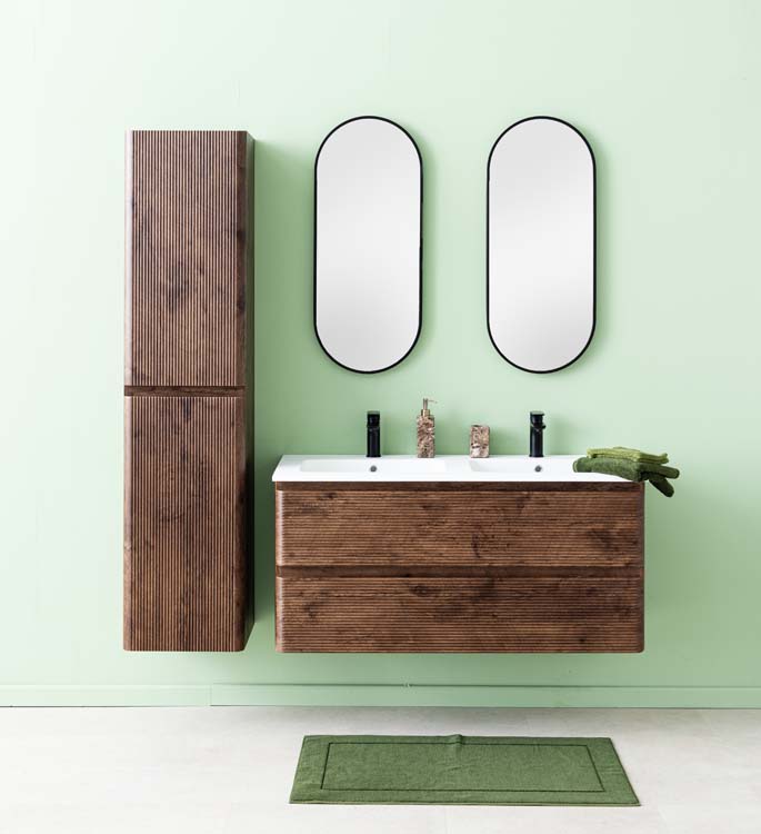 Meuble de salle de bains Jelte noyer suspendu avec lavabo double blanc brillant 120cm
