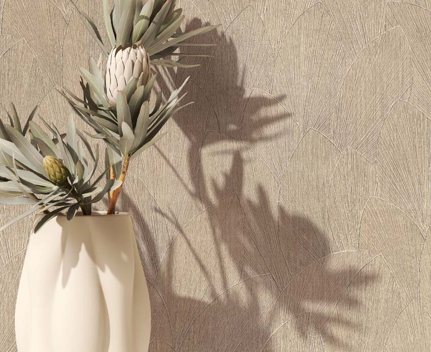 Vinyl op vliesbehang bladeren beige 0,53x10m