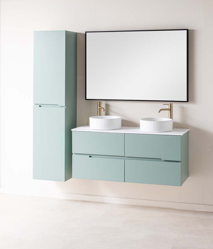 Meuble de salle de bains Truman vert gris suspendu avec double vasque à poser blanc mat 120cm Meuble de salle de bains Truman vert gris suspendu avec double vasque à poser blanc mat 120cm