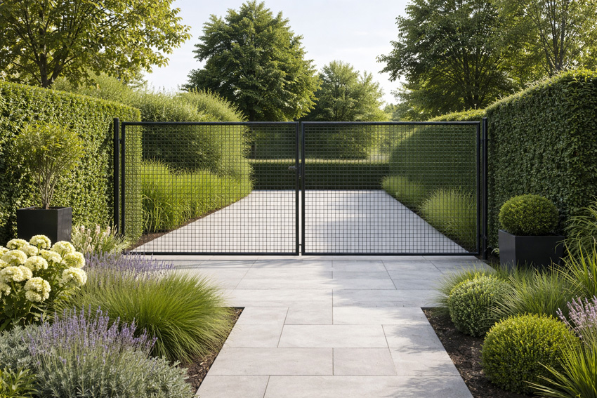 Complete dubbele tuinpoort zwart 175x400cm - ronde palen, inclusief palen, slot en kruk