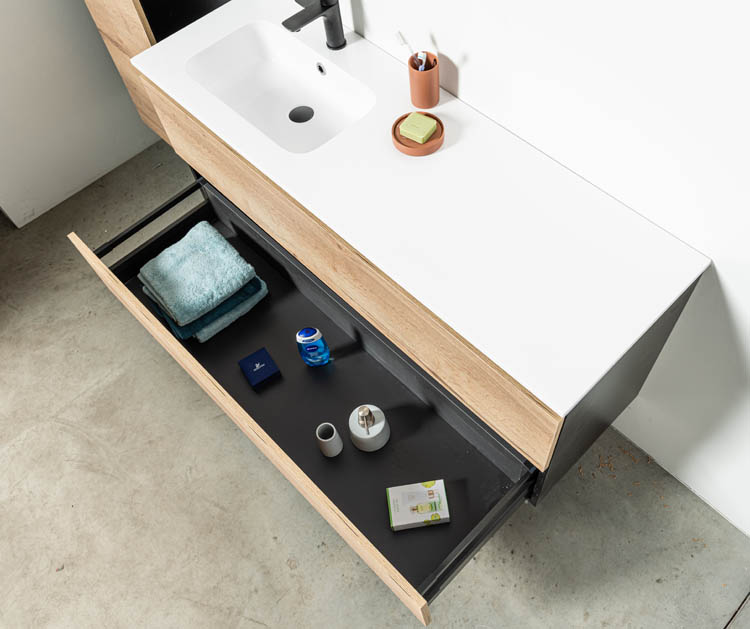 Meuble de salle de bains Dotan chêne suspendu avec lavabo simple à gauche blanc brillant 140cm