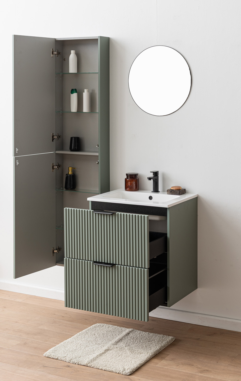 Badkamermeubel Raven saliegroen hangend met wastafel Aveda wit glanzend 60cm