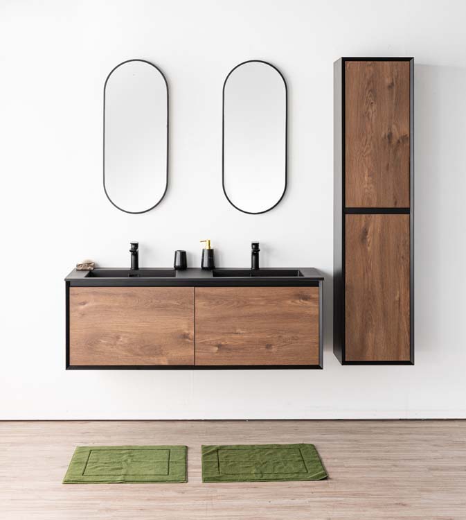 Meuble de salle de bains Justin noyer suspendu avec lavabo double noir mat 140cm