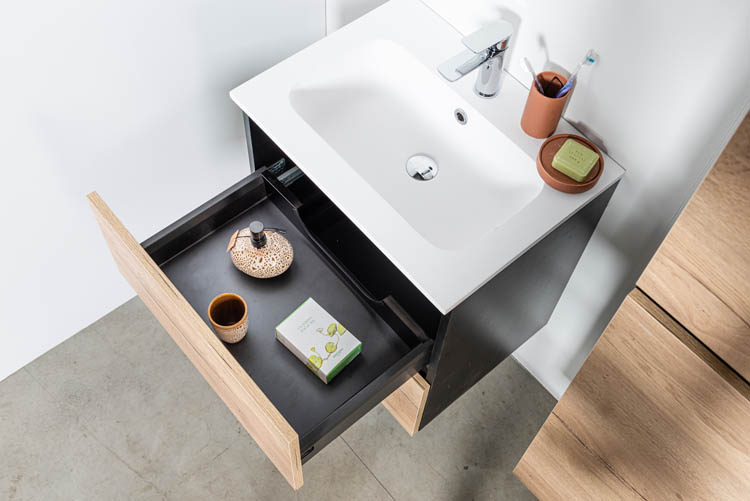 Meuble de salle de bains Dotan chêne suspendu avec lavabo simple blanc mat 60cm