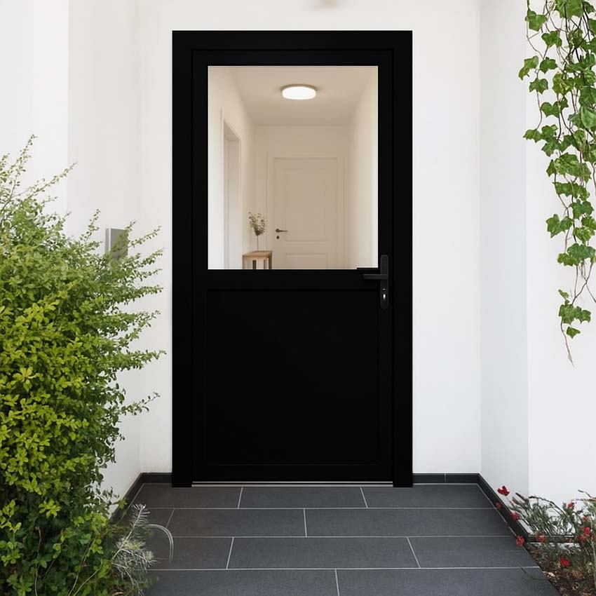 Porte extérieure semi-vitrée PVC verre clair noir/blanc 980x2180mm ouvrant à droite