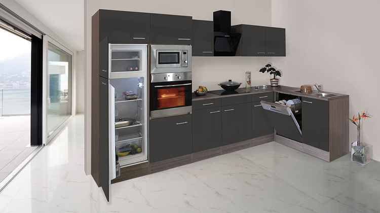 Cuisine d'angle gris/chêne foncé 340x172cm - plaque de cuisson vitrocéramique et hotte murale noire - avec appareils