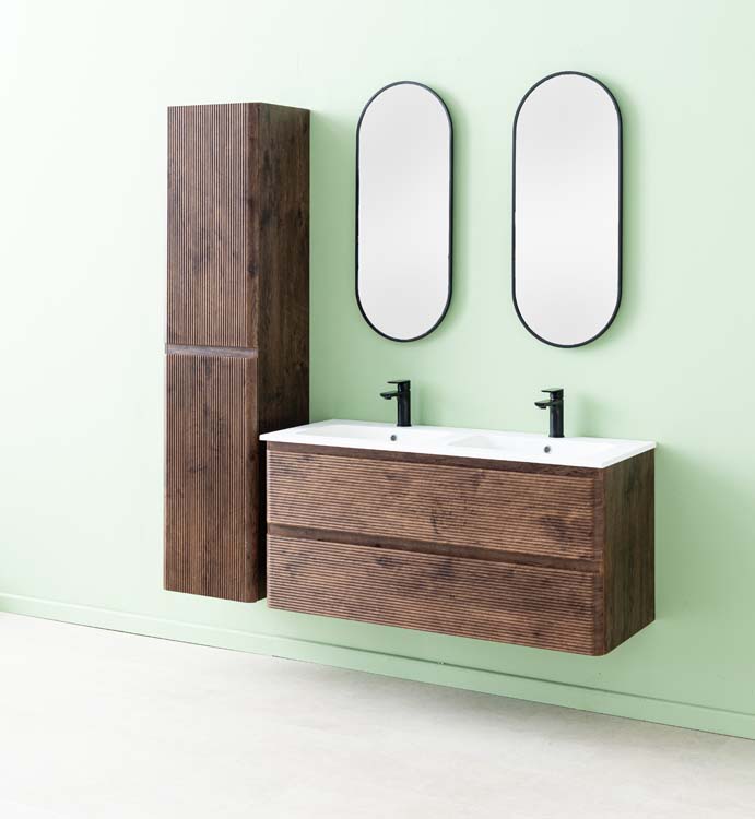 Meuble de salle de bains Jelte noyer suspendu avec lavabo double blanc brillant 120cm