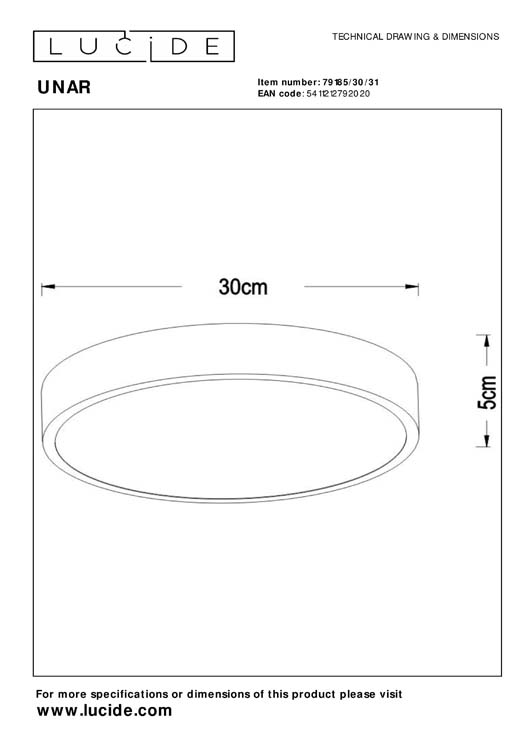 Lucide UNAR - Plafonnière - Ø 30 cm - LED Dimb. - 1x18W 2700K - 3 StepDim - Wit