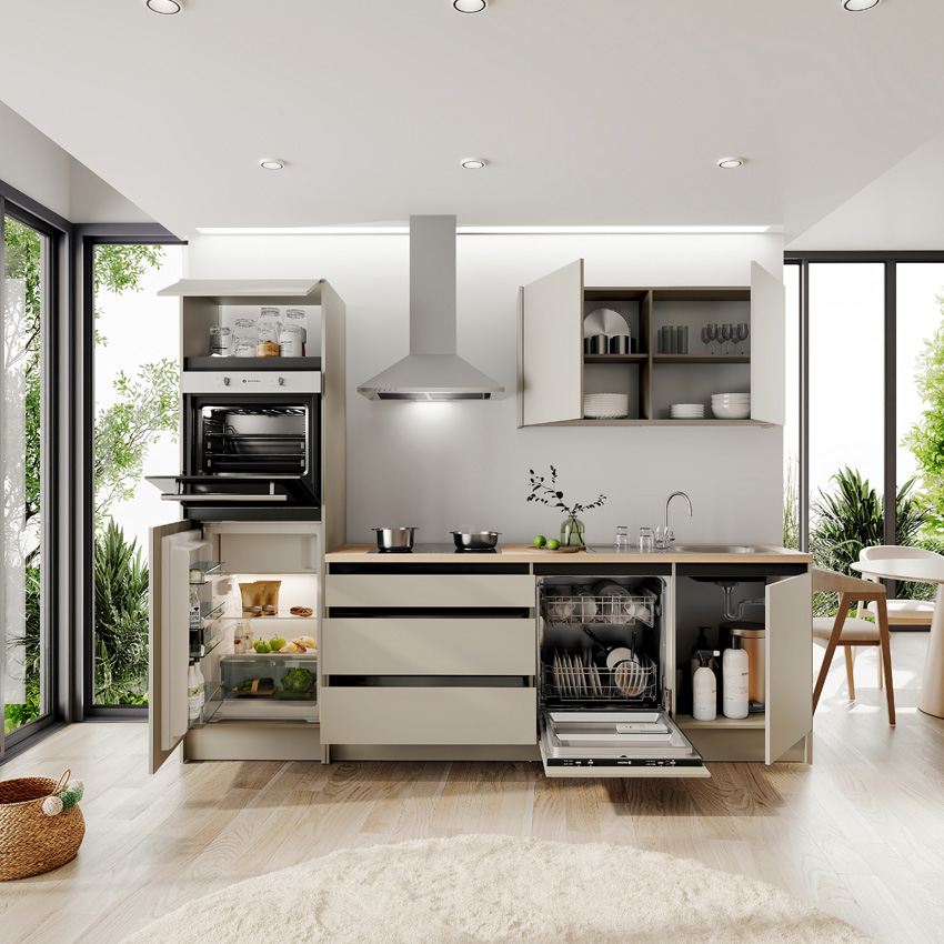 Keuken Berlin kasjmier 273cm - met toestellen - vitrokeramische kookplaat en inox wanddampkap