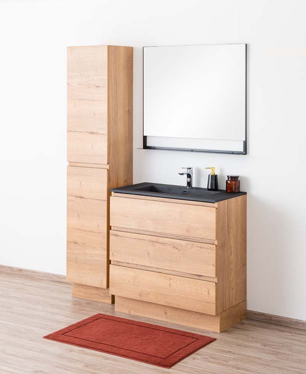 Meuble de salle de bain Daria chêne brun doré 900 mm sur pied lavabo noir mat Meuble de salle de bain Daria chêne brun doré 900 mm sur pied lavabo noir mat