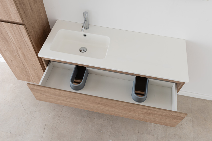 Badkamermeubel Bianca eiklook hangend met enkele wastafel glanzend wit 120,5cm