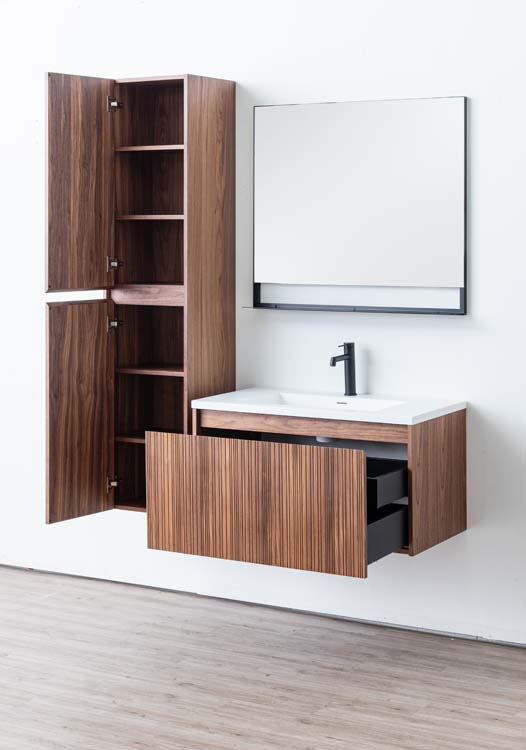 Meuble de salle de bains Warren noyer suspendu avec lavabo simple blanc mat 90cm