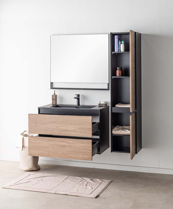 Meuble de salle de bain Molly aspect bois suspendu avec lavabo simple noir mat 90cm Meuble de salle de bain Molly aspect bois suspendu avec lavabo simple noir mat 90cm