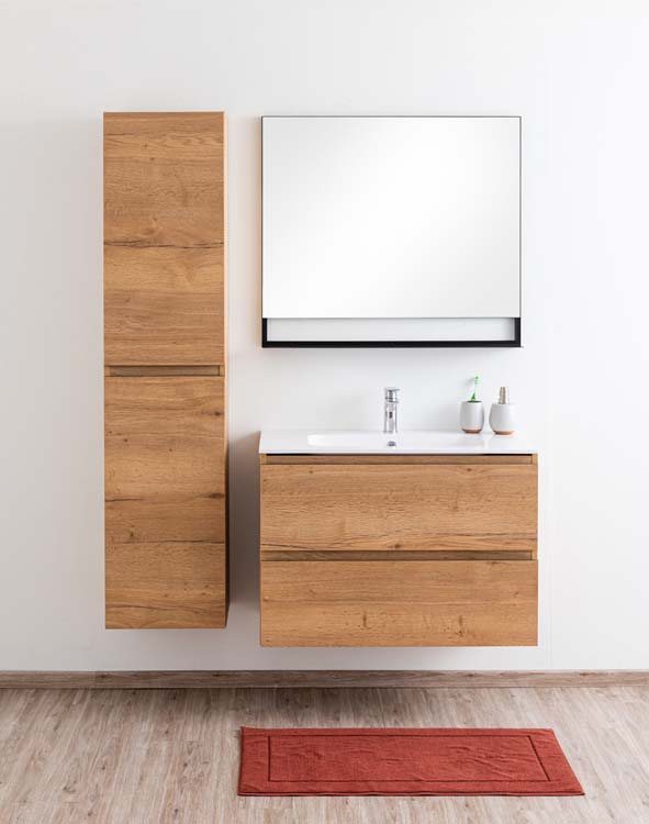 Badkamermeubel Daria eik goudbruin hangend met enkele wastafel glanzend wit 90cm