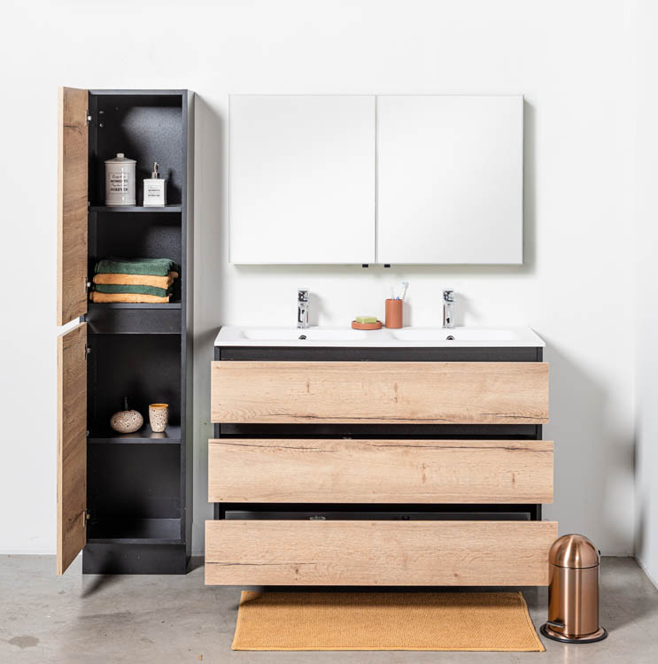Meuble de salle de bain Dotan chêne/noir 1200 mm sur pied 2 lavabo mat