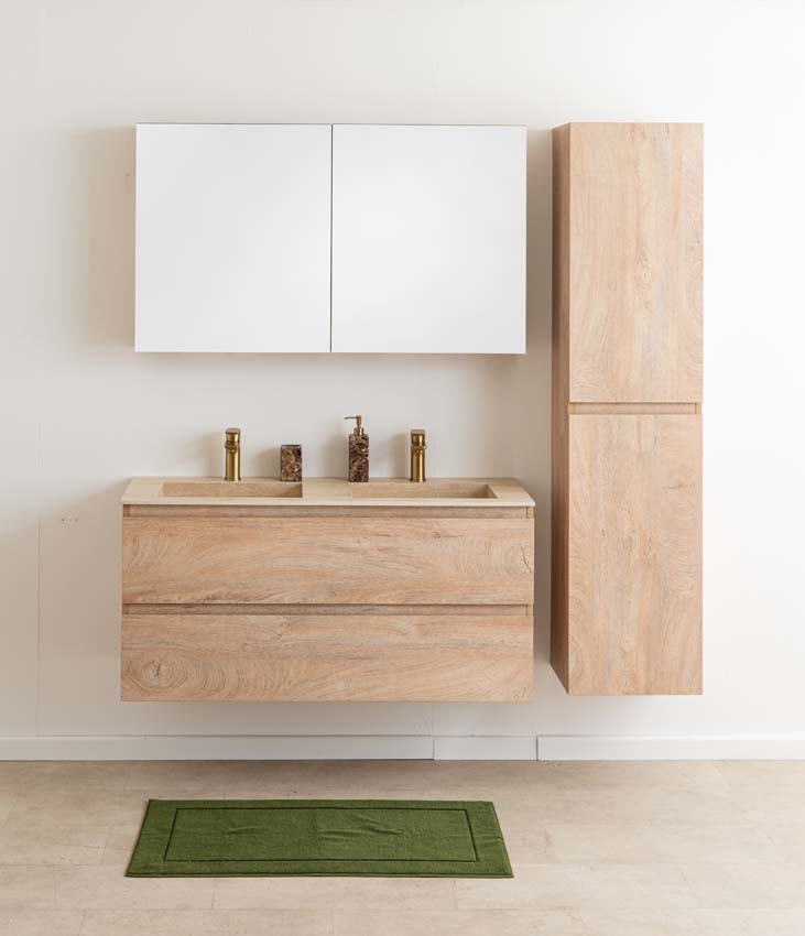 Meuble de salle de bain Tibo en chêne méditerranéen avec double lavabo aspect travertin 120cm