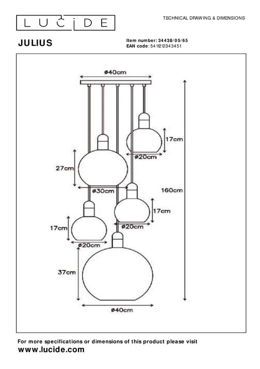 Lucide JULIUS - Suspension - 5xE27 - Fumé Lucide JULIUS - Suspension - 5xE27 - Fumé