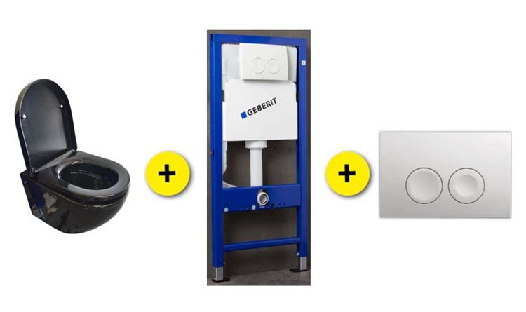 Set de toilette Gary noir avec siège de WC softclose + reservoir encastré UP100 + plaque de commande blanc