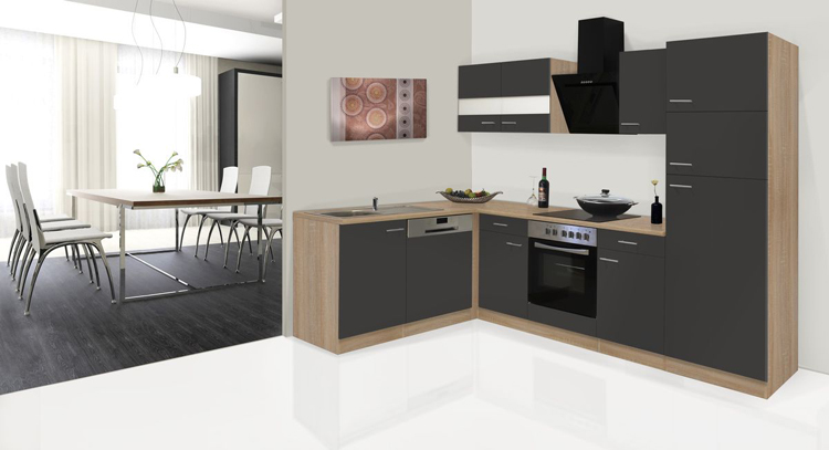 Cuisine 280x172cm - gris/chêne - vitrocéramique et hotte murale noir