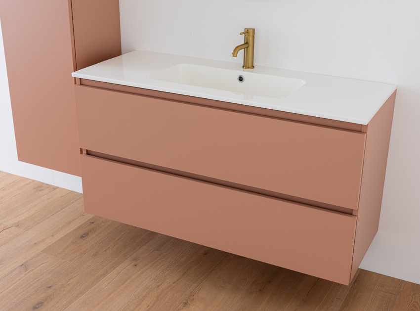 Badkamermeubel Dotan abrikoos hangend met enkele wastafel glanzend wit 120cm