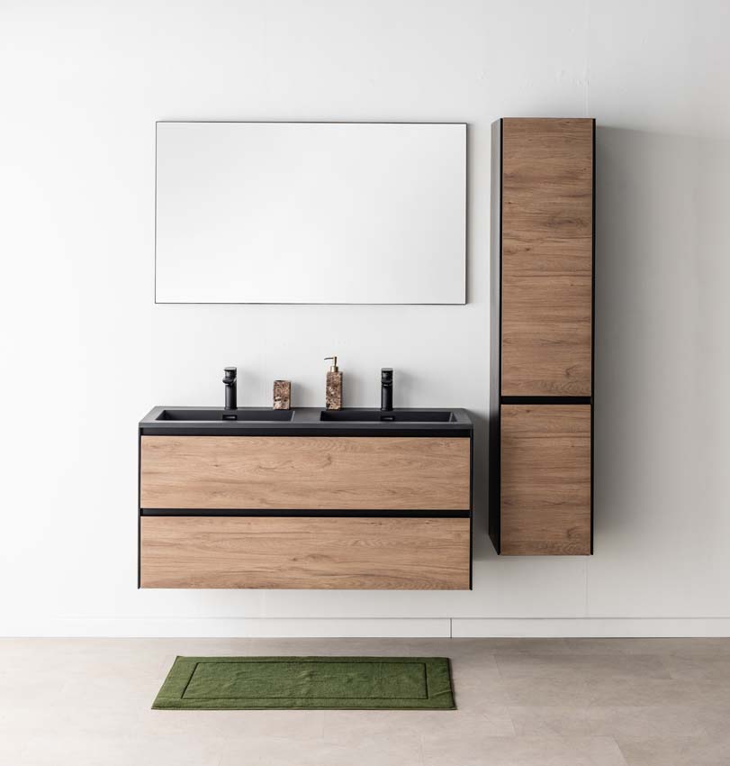 Meuble de salle de bains Molly chêne suspendu avec lavabo double noir mat 120cm