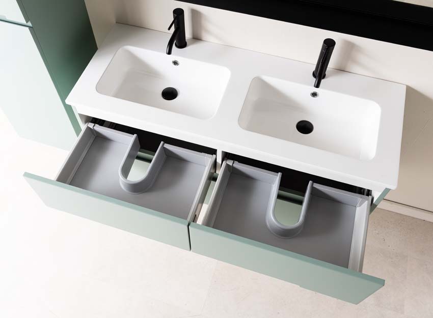 Meuble de salle de bains Truman vert gris suspendu avec lavabo double blanc brillant 120cm