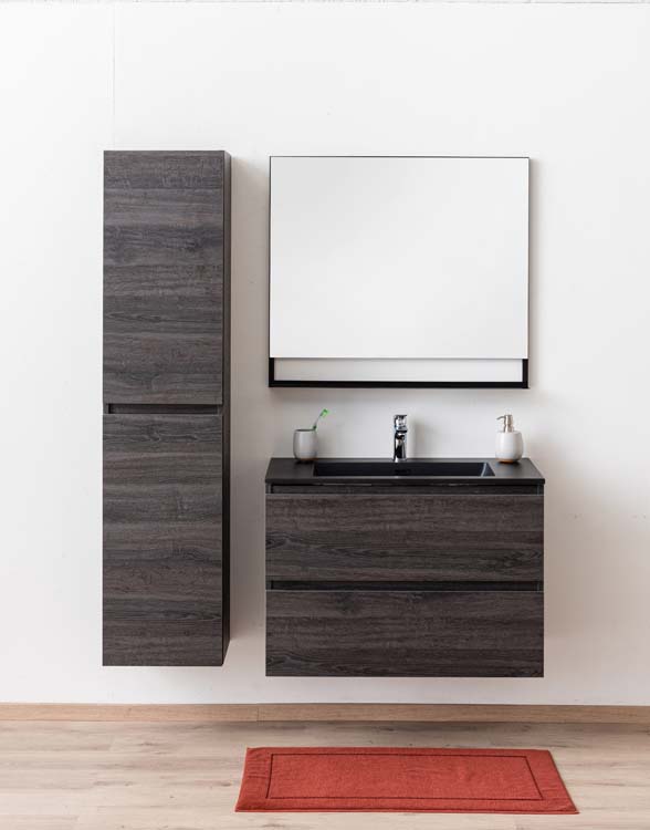 Badkamermeubel Dotan donkere eik hangend met enkele wastafel mat zwart 90cm