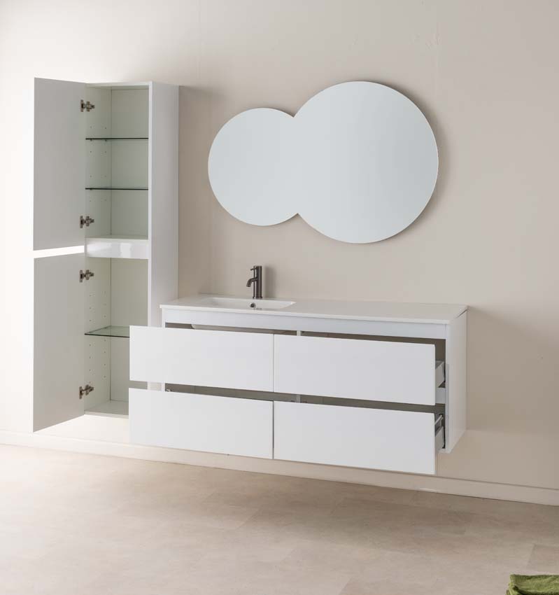 Meuble de salle de bains Tibo blanc suspendu avec lavabo simple à gauche blanc brillant 140cm