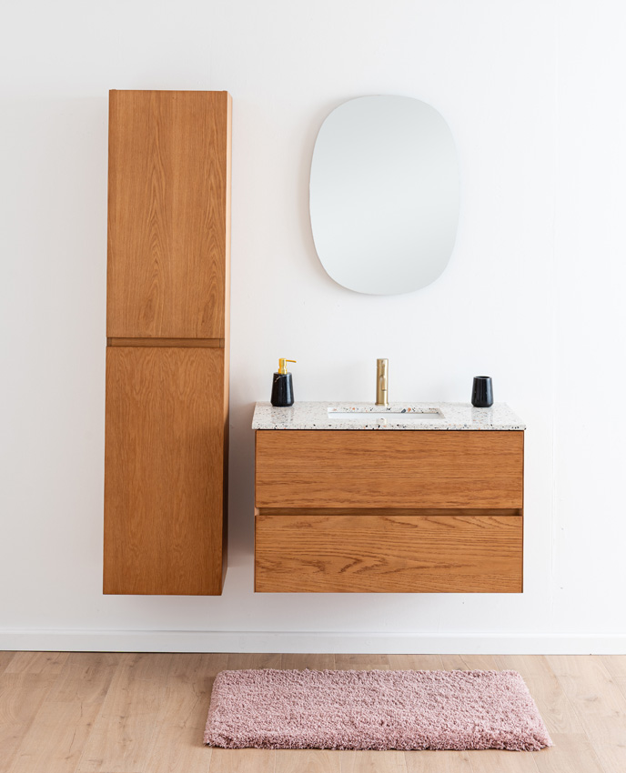 Badkamermeubel Fior eik hangend met enkele wastafel terrazzo 90cm