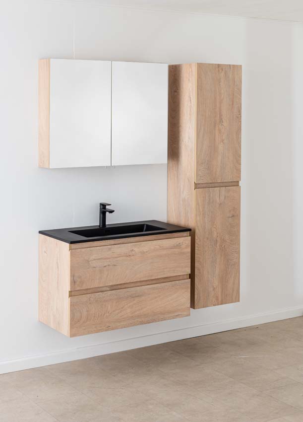 Meuble de salle de bain Tibo en chêne méditerranéen avec lavabo simple blanc noir 90cm