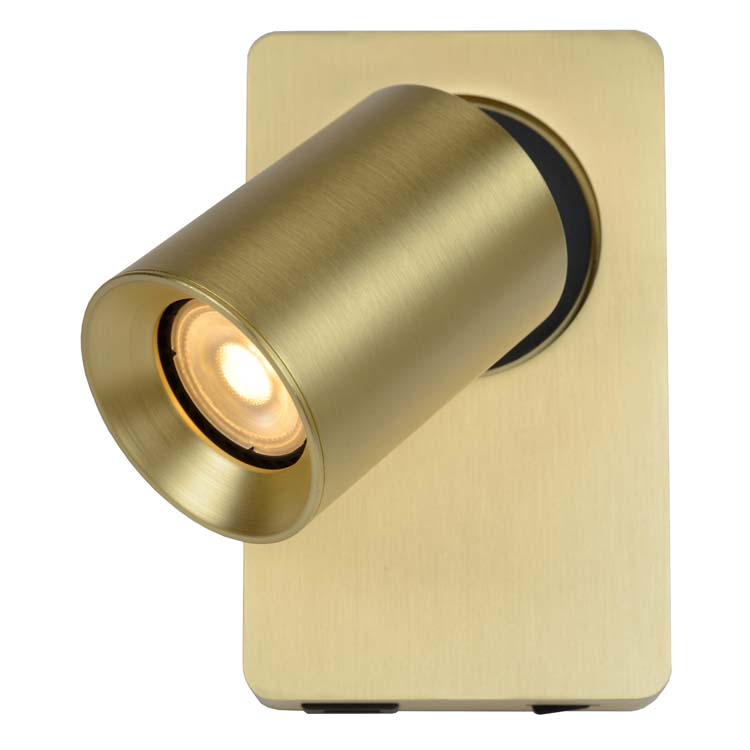 Lucide NIGEL - Wandspot - LED Dimb. - GU10 - 1x5W 3000K - Met USB oplaadpunt - Mat Goud / Messing