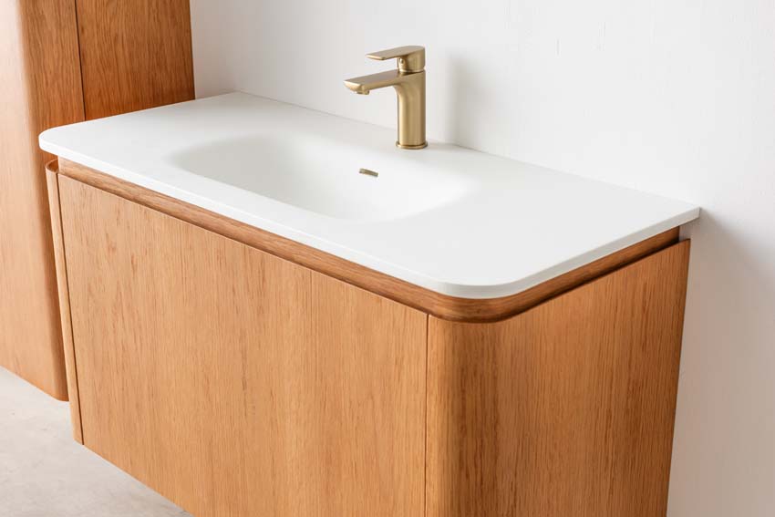 Badkamermeubel Floris eik hangend met enkele wastafel glanzend wit 100cm