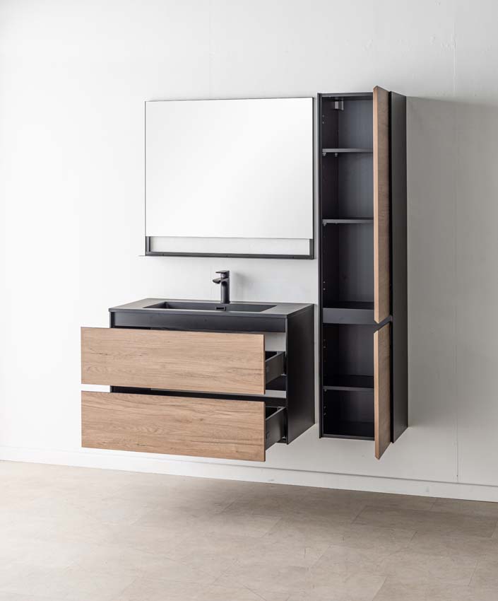 Meuble de salle de bain Molly aspect bois suspendu avec lavabo simple noir mat 90cm Meuble de salle de bain Molly aspect bois suspendu avec lavabo simple noir mat 90cm