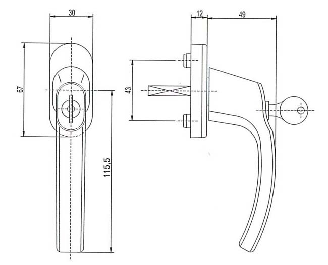Poignee de chassis blanc avec cylindre + tige 40mm
