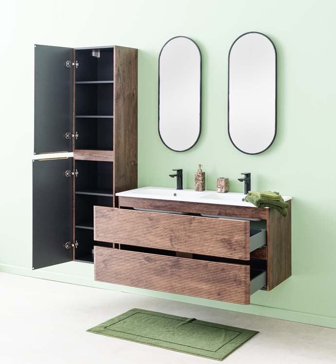 Meuble de salle de bains Jelte noyer suspendu avec lavabo double blanc brillant 120cm