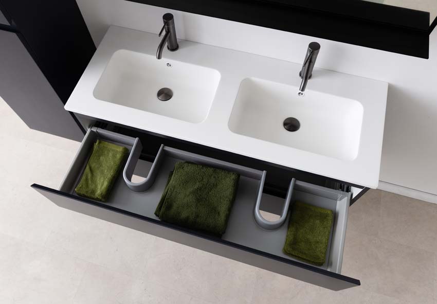Meuble de salle de bains Tibo gris suspendu avec lavabo double blanc mat 120cm