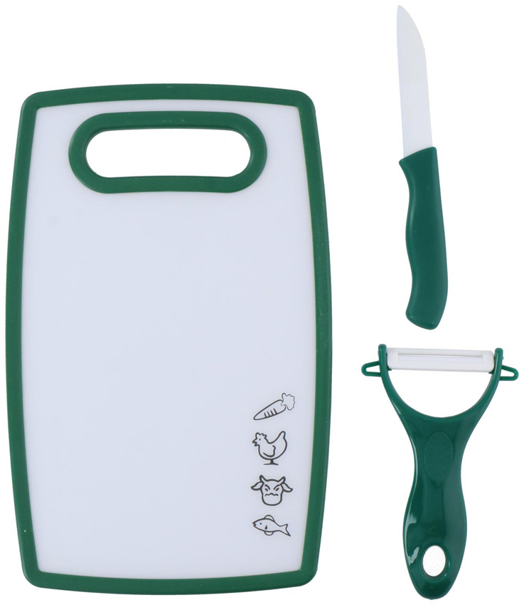 Planche à découper avec éplucheur et couteau plastique vert foncé 25x16cm