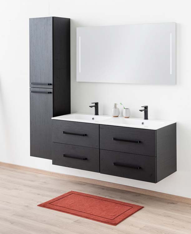 Meuble de salle de bains Plato noir suspendu avec lavabo double blanc brillant et poignées noires 140cm