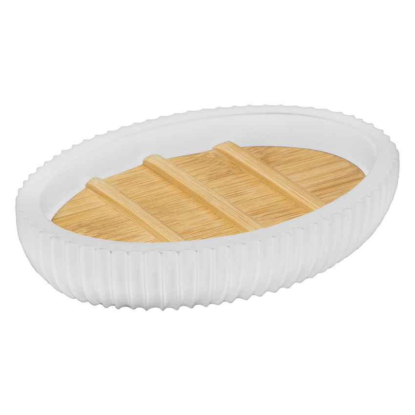 Porte-savon Owen polyrésine/bambou blanc 12,3x9x2,5cm