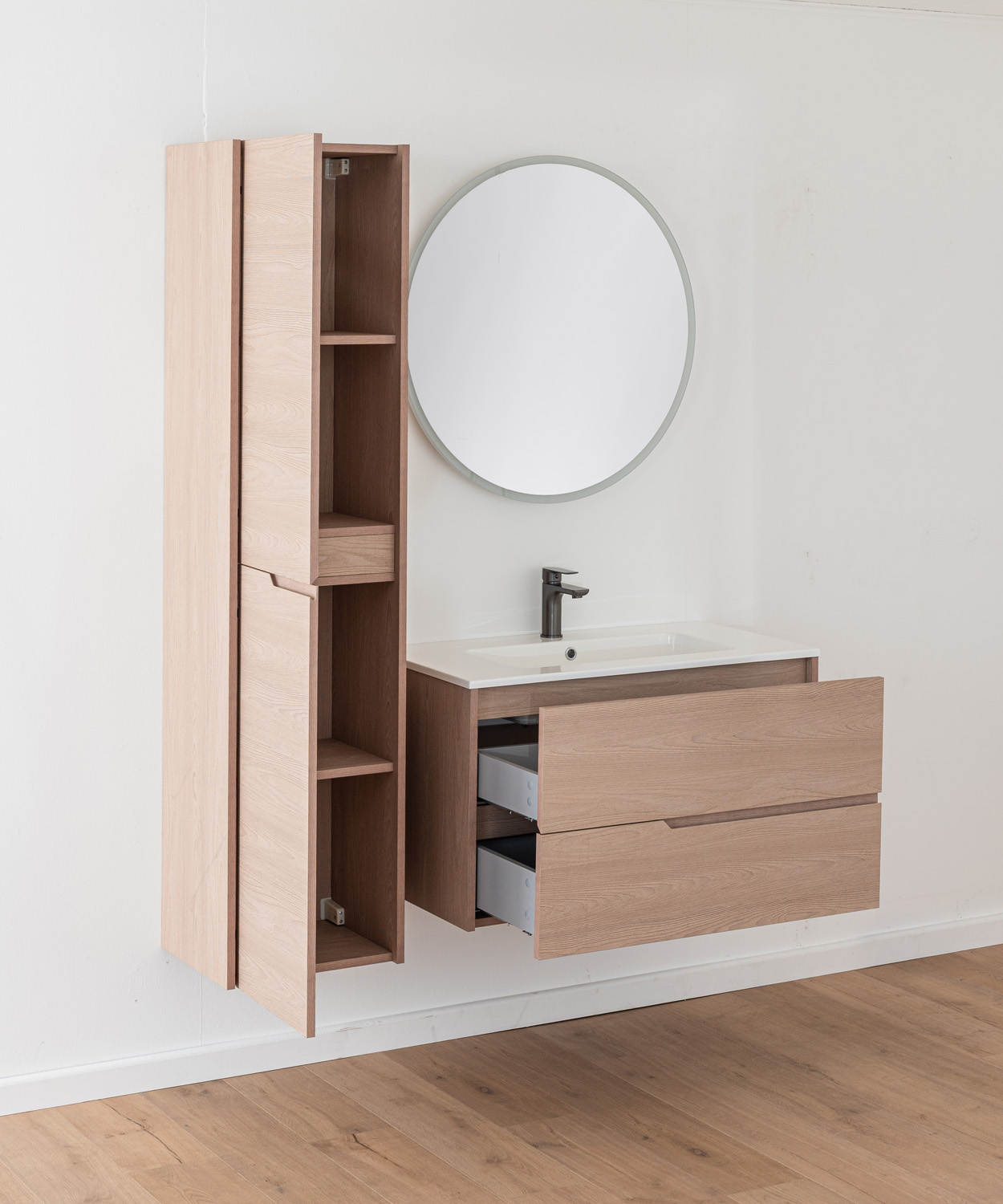 Meuble de salle de bains Tiago chêne Nordic suspendu avec vasque simple blanc mat 90cm